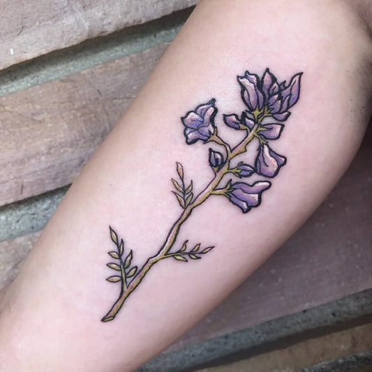 Medium Fine Line Lupine Flower Tattoo on Women Inner Arm by @isabump