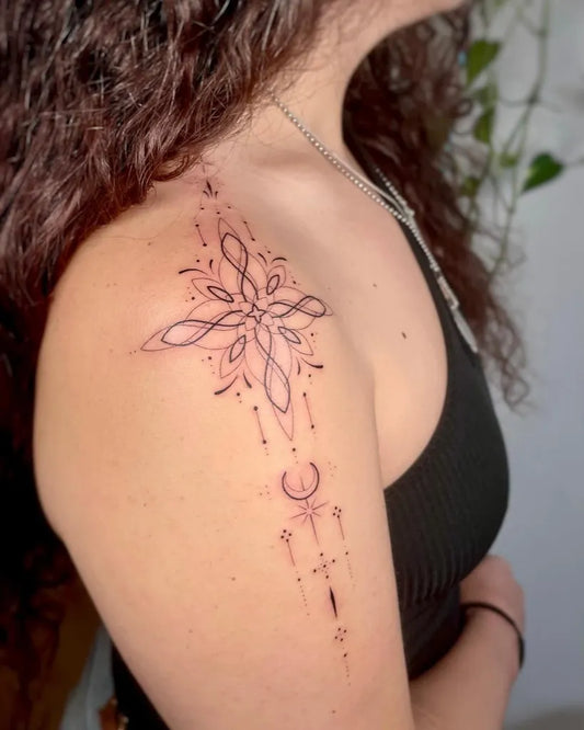 Medium Fine Line Mandala Crescent on Women Shoulder Tattoo by @lieli.soul