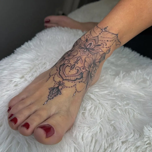 Medium Fine Line Mandala Footwork Tattoo on Women Foot by @ermetica_tattoo