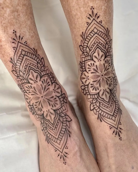 Medium Fine Line Mandala Tattoo on Women Ankle by @laurensmithtattoos