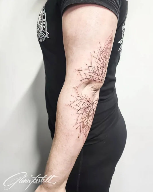 Medium Fine Line Mandala Tattoo on Women Elbow by @glennkestelltattoo