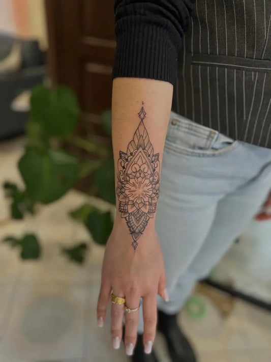 Medium Fine Line Mandala Tattoo on Women Forearm by @izamajka.tattoo