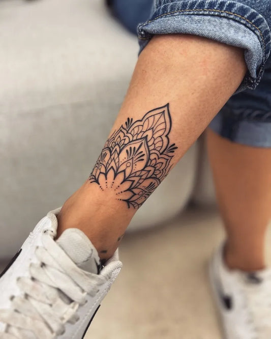 Medium Fine Line Mandala Tattoo on Women Leg by @norinatattoo