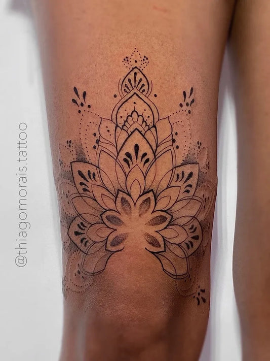 Medium Fine Line Mandala Tattoo on Women Thigh by @thiagomorais.tattoo