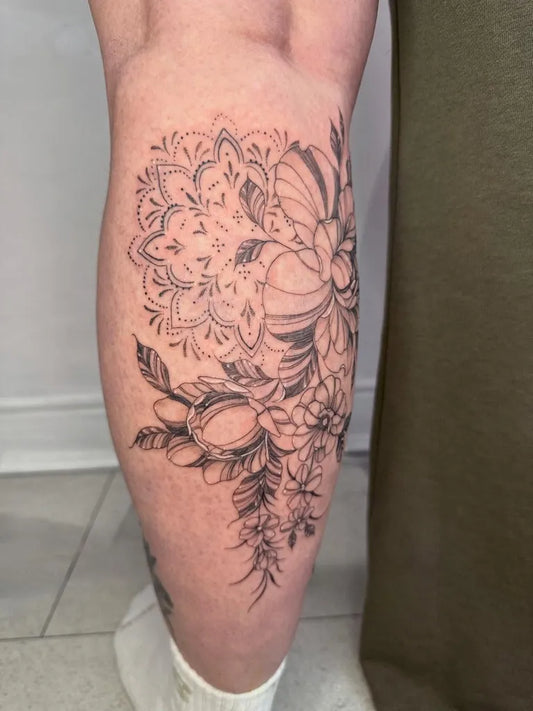 Medium Fine Line Mandala and Floral Tattoo on Women Calf by @lucybethantattoos