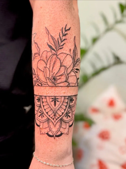 Medium Fine Line Mandala and Flowers Tattoo on Women Arm by @tattoos_byalbright
