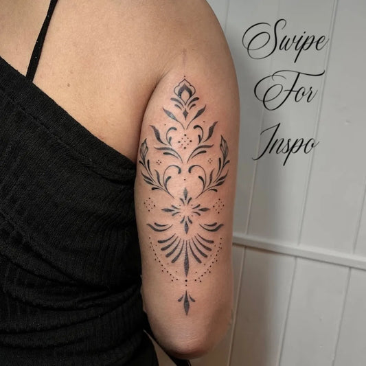 Medium Fine Line Mandala and Foliage Tattoo on Women Upper Arm by @collybopink