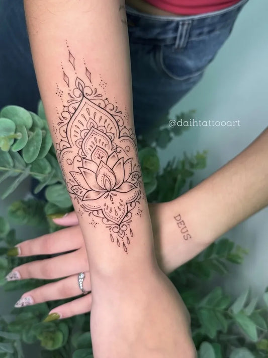 Medium Fine Line Mandala and Lotus Tattoo on Women Arm by @daihtatto