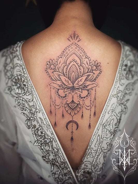 Medium Fine Line Mandala and Lotus Tattoo on Women Back by @laine_finelinetattoo
