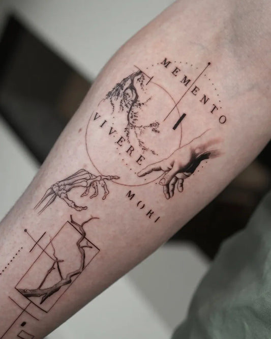 Medium Fine Line Memento Mori Hands Skeleton Branches on Men Arm Tattoo by @architex_tattoo