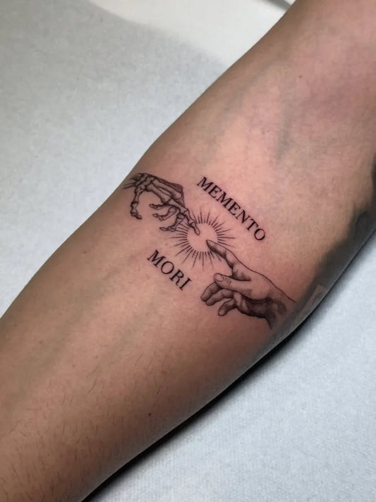 Medium Fine Line Memento Mori Hands on Women Forearm Tattoo by @martattoo_