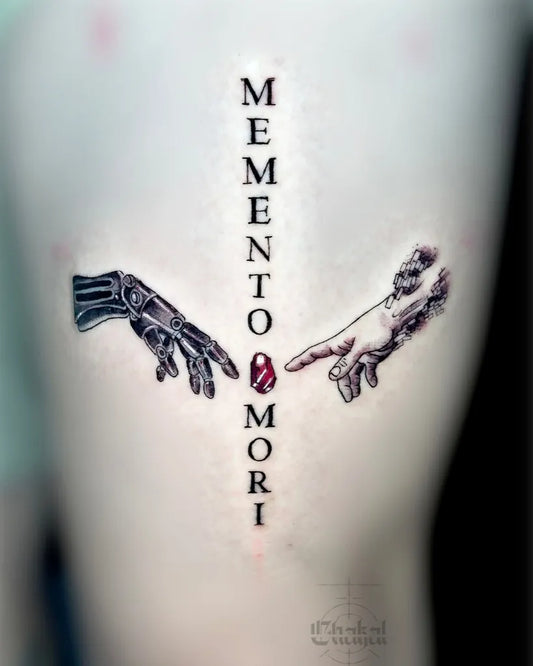 Medium Fine Line Memento Mori Hands on Women Torso Tattoo by @tattoofactory_gye