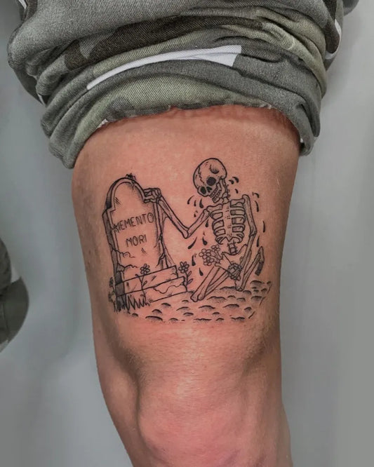 Medium Fine Line Memento Mori Skeleton on Men Thigh Tattoo by @whitelandstattoo