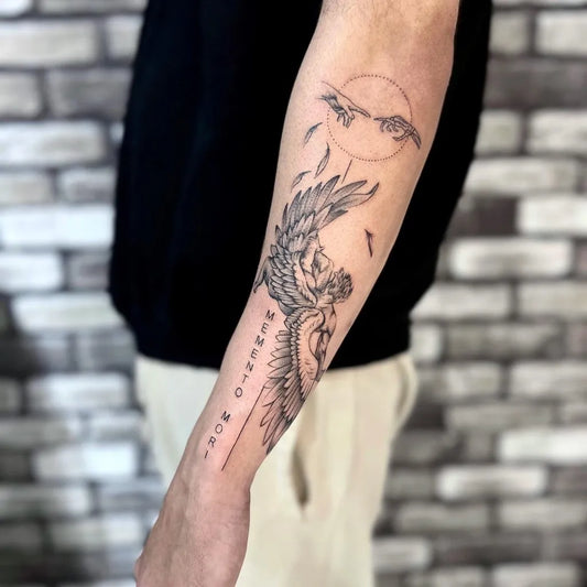 Medium Fine Line MementoMoriWingedSkeleton on Men Arm Tattoo by @aliyukselart