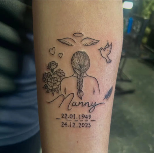 Medium Fine Line Memorial Portrait Family Tattoo on Women Arm by @paganinkbysarahstreet