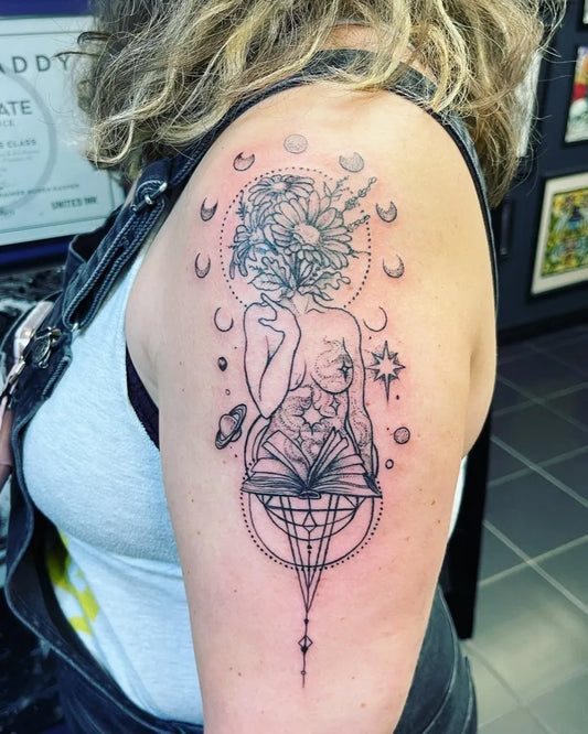 Medium Fine Line Moon Phases Floral Female Figure Tattoo on Women Shoulder by @jessicajtattooist
