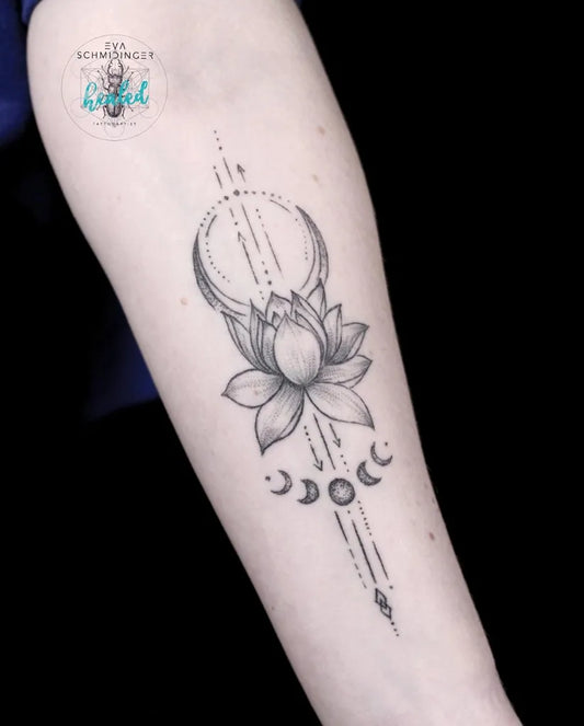 Medium Fine Line Moon Phases Lotus Tattoo on Women Arm by @eva_schmidinger_tattoo