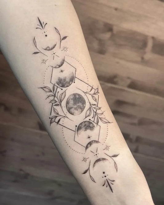 Medium Fine Line Moon Phases and Geometric Shapes Tattoo on Women Arm by @michaela.ink.art
