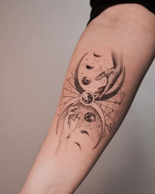 Medium Fine Line Moon Phases and Hands Tattoo on Women Arm by @anastation.tattoo