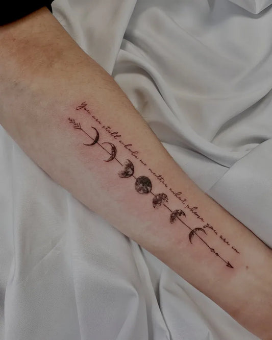 Medium Fine Line Moon Phases and Script Women Forearm by @finelinetattoosocal