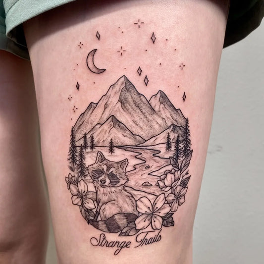 Medium Fine Line Mountain Raccoon Tattoo on Women Thigh by @driftwoodtattoostudio