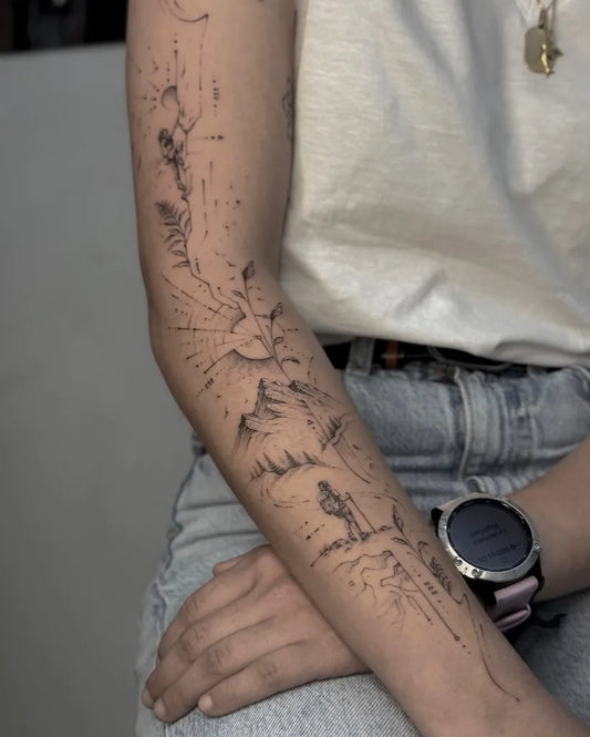 Medium Fine Line Mountain and Flowers Tattoo on Women Arm by @judz.ttt