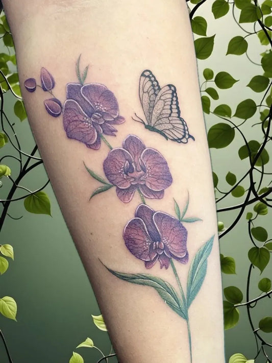 Medium Fine Line Orchid and Butterfly Tattoo on Women Arm by @xdotcas
