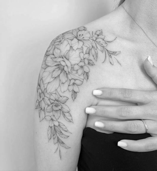 Medium Fine Line Peonies and Leaves Tattoo on Women Shoulder by @circle_tattoo_serena
