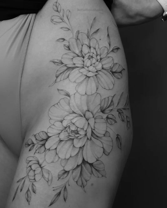 Medium Fine Line Peony Flowers Tattoo on Women Hip by @admin_kottattoo.studio