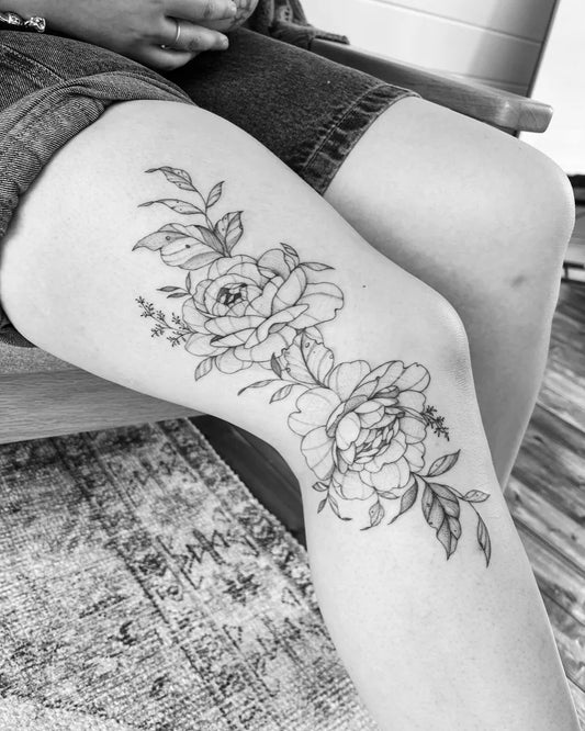 Medium Fine Line Peony Flowers Tattoo on Women Knee by @saltandinknz