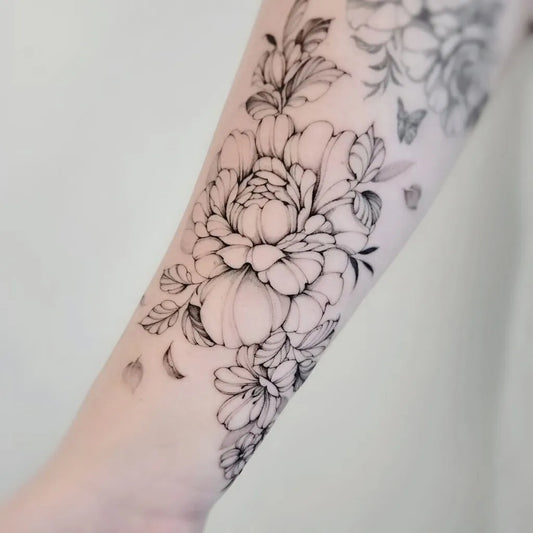 Medium Fine Line Peony Flowers and Leaves on Women Arm Tattoo by @inkspirationbb