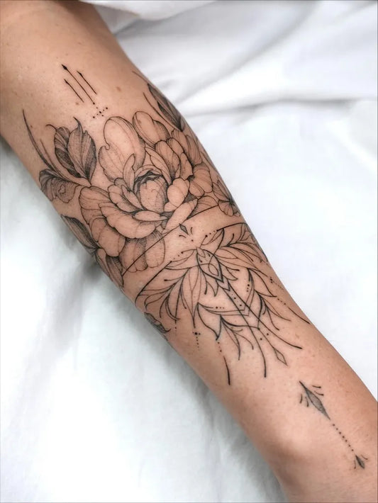 Medium Fine Line Peony Mandala on Women Arm Tattoo by @sarah.tattooing