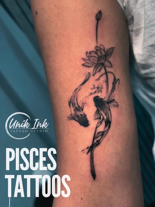 Medium Fine Line Pisces Koi and Lotus Tattoo on Women Arm by @sagar_tat2