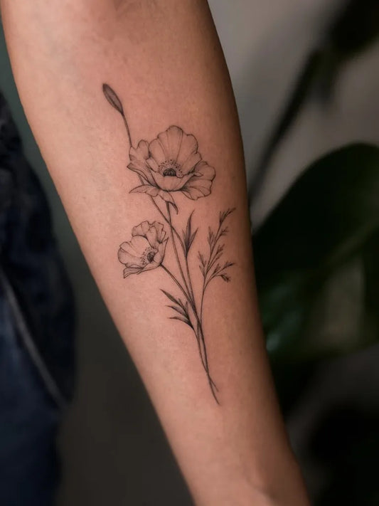 Medium Fine Line Poppy Flowers Tattoo on Women Arm by @flami.art