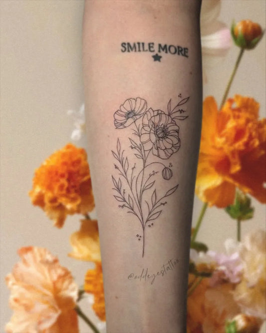 Medium Fine Line Poppy Flowers and Text Tattoo on Women Arm by @oddeyestattoo