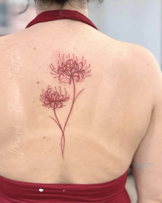 Medium Fine Line Red Spider Lily Tattoo on Women Back by @morethantattoomelbourne