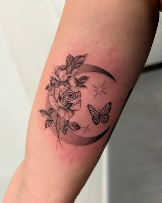 Medium Fine Line Rose Crescent Moon Butterfly on Women Arm Tattoo by @bodiedbyhelen