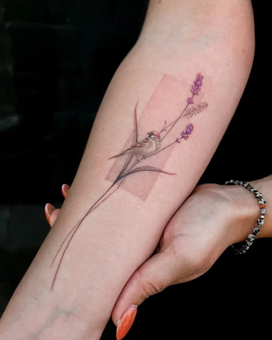 Medium Fine Line Sparrow and Lavender Tattoo on Women Arm by @beckydonnellytattoo