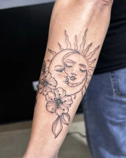 Medium Fine Line Sun Moon and Flowers on Women Arm Tattoo by @_paulacxlsa