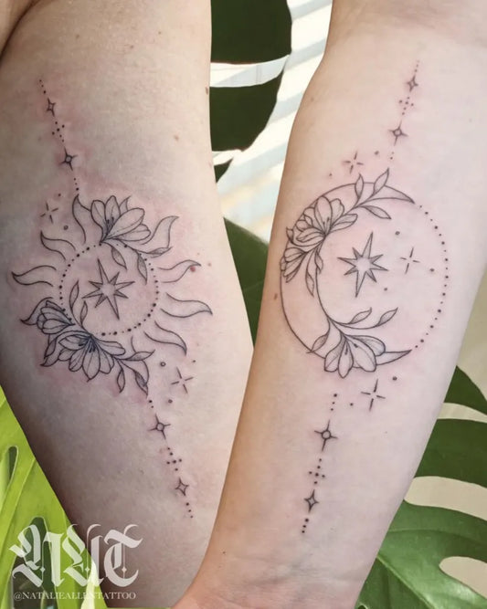 Medium Fine Line Sun and Moon with Flowers on Women Arm Tattoo by @natalieallentattoo