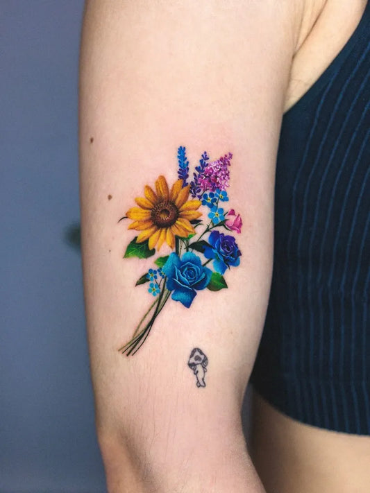 Medium Fine Line Sunflower Lavender Rose on Women Arm Tattoo by @ssuncolor