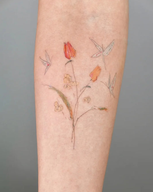 Medium Fine Line Tulip and Birds Tattoo on Women Forearm by @ihwatattoo