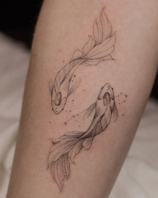 Medium Fine Line Two Koi Fish and Pisces Tattoo on Women Leg by @tattooboutiquelarissa