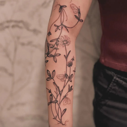 Medium Fine Line Vines Flowers Butterflies Nature Tattoo on Women Arm by @iamthepaintedlady