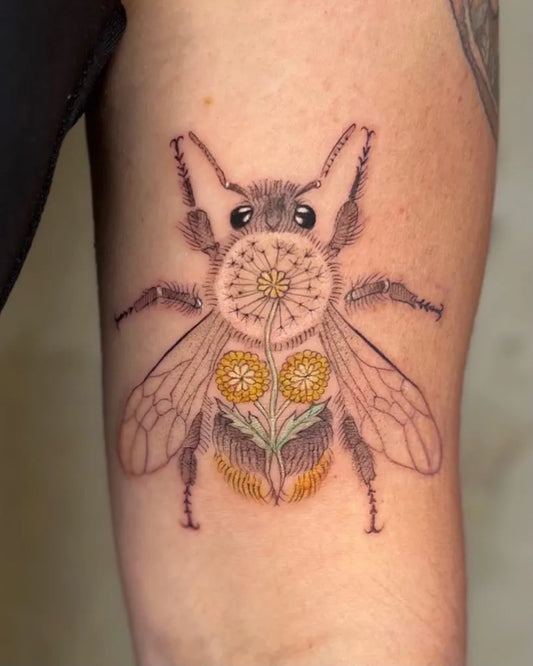 Medium FineLine Bee with Dandelions on Women Arm Tattoo by @zsifis_painthings