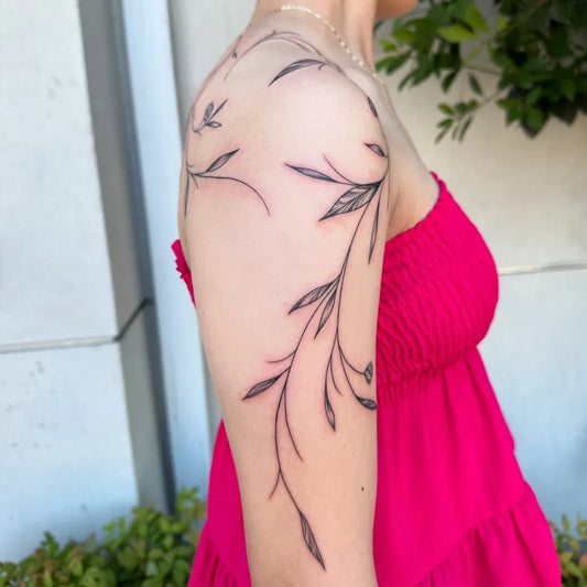 Medium FineLine BranchLeaves on Women Shoulder Tattoo by @lilsilhouett