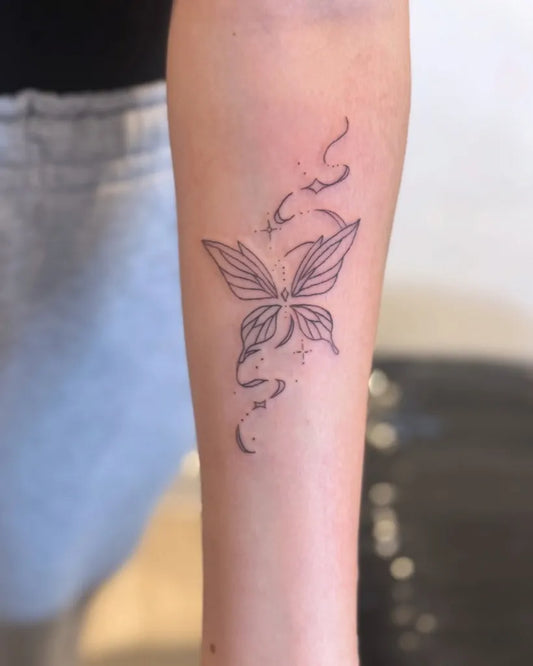 Medium FineLine Butterfly on Women Arm Tattoo by @inked_byjaz_