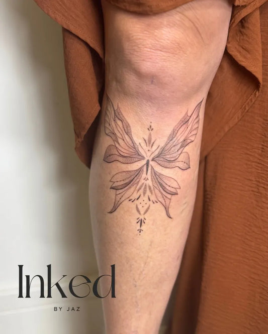 Medium FineLine Butterfly on Women Thigh Tattoo by @inked_byjaz_