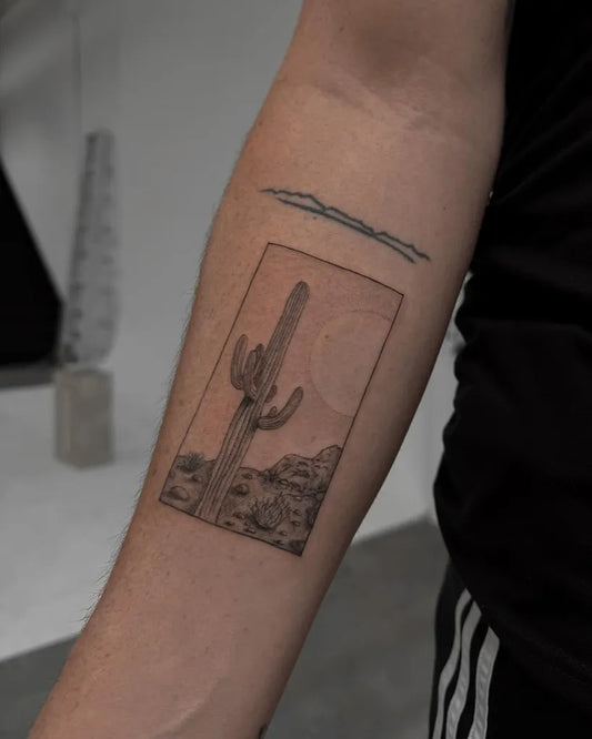 Medium FineLine Cactus Landscape Tattoo on Men Arm by @temir.hagmet.ink