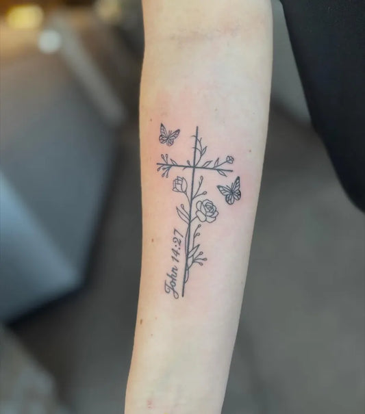 Medium FineLine Cross Butterflies Roses on Women Arm Tattoo by @cadenceangeltattoos